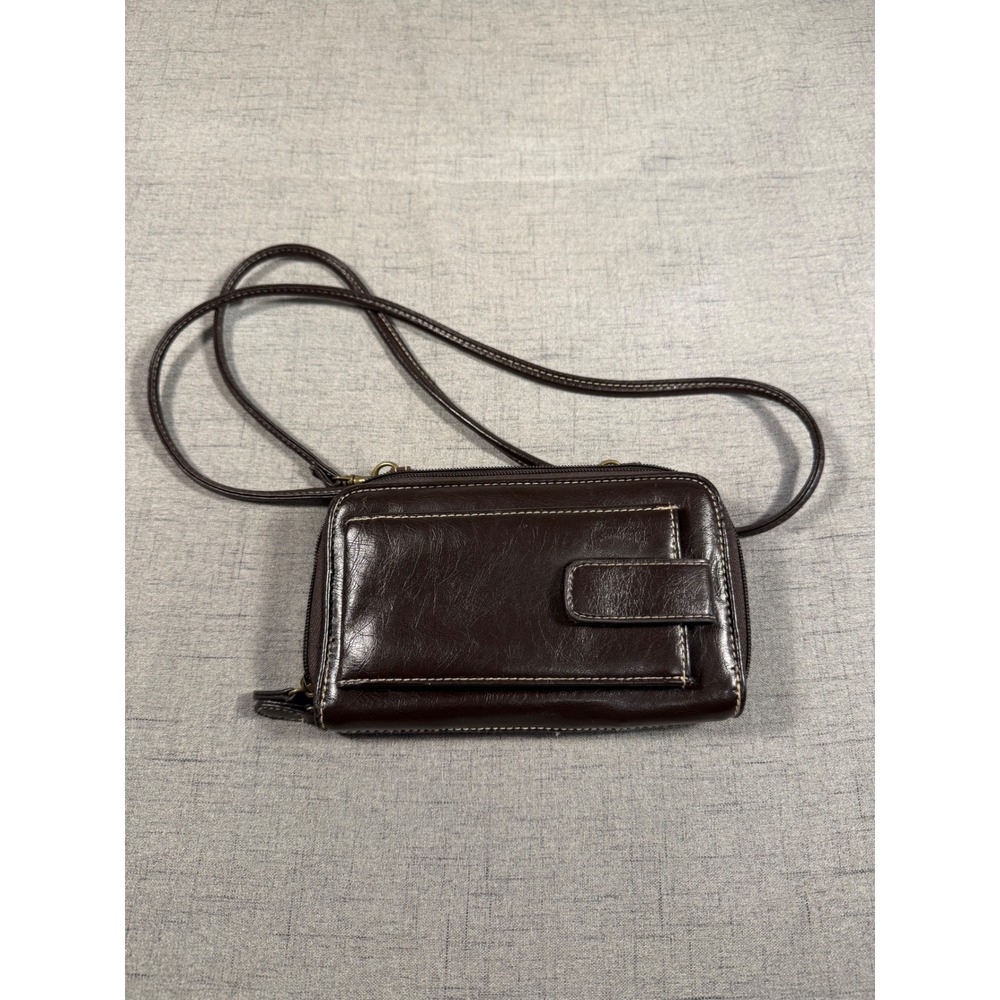 Treviso Dark Brown Crossbody Wallet Bag Faux Leather Organizer Clutch Mirror 7x4